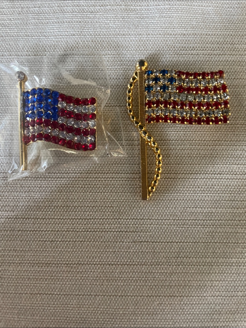 Gold-Tone American Flag Crystal Brooch Set of 2- Red, White & Blue